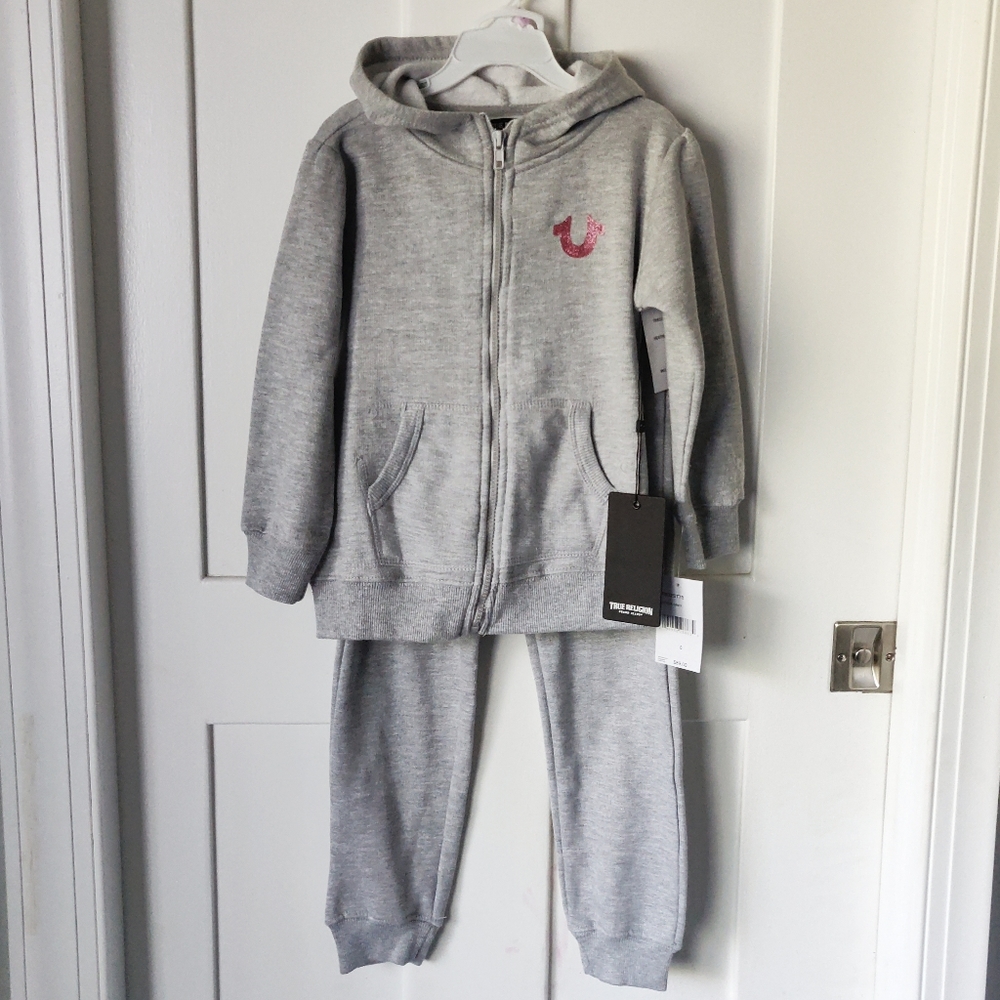 NWT True Religion Hoodie Set Girls Size 6 Gray With Shimmering Pink Graphics